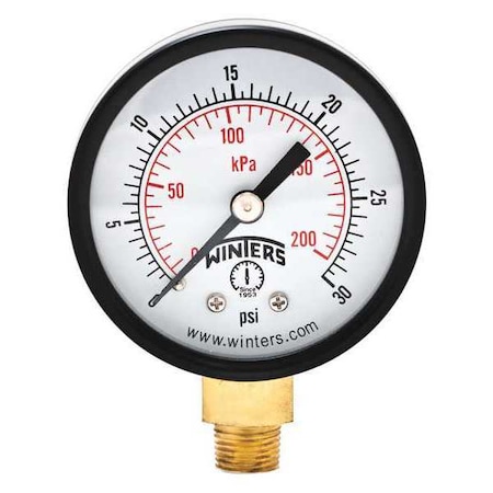 Winters Economy 2" 0-30 psi/Kpa 1/8" Npt Btm, 2 in Dial, 1/8 in NPT Bottom Location, Steel Case Material PEM206