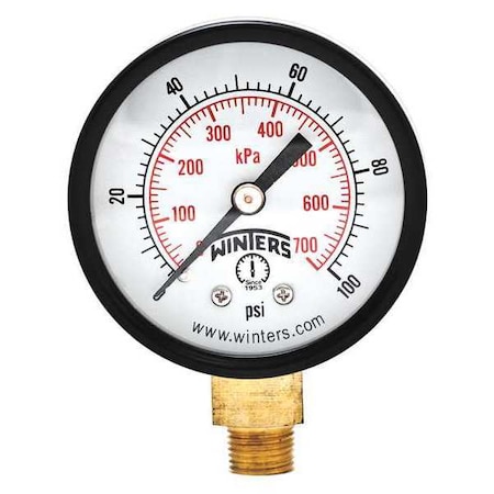 Winters Economy 2" 0-100 psi/Kpa 1/8" Npt Btm, 2 in Dial, 1/8 in NPT Bottom Location, Steel Case Material PEM208