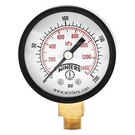 Winters Economy 2" 0-200 psi/Kpa 1/8" Npt Btm, 2 in Dial, 1/8 in NPT Bottom Location, Steel Case Material PEM209