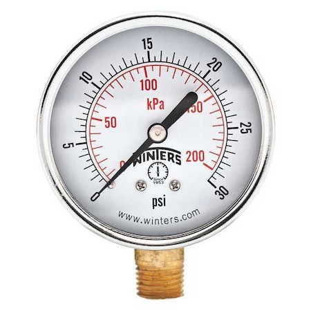 Winters Economy 2.5" 0-30 psi/Kpa 1/4" Npt Btm, 2 1/2 in Dial, 1/4 in NPT Bottom Location PEM212