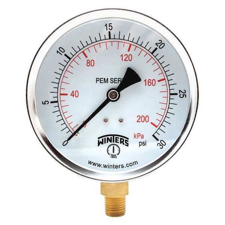 Winters Economy 4" 0-30 psi/Kpa 1/4" Npt Btm, 4 in Dial, 1/4 in NPT Bottom Location, Steel Case Material PEM221
