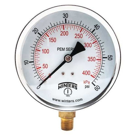 Winters Economy 4" 0-60 psi/Kpa 1/4" Npt Btm, 4 in Dial, 1/4 in NPT Bottom Location, Steel Case Material PEM222