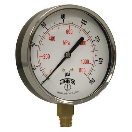 Winters 4 in Dial, 1/4 in NPT Bottom Location, Steel Case Material PEM224