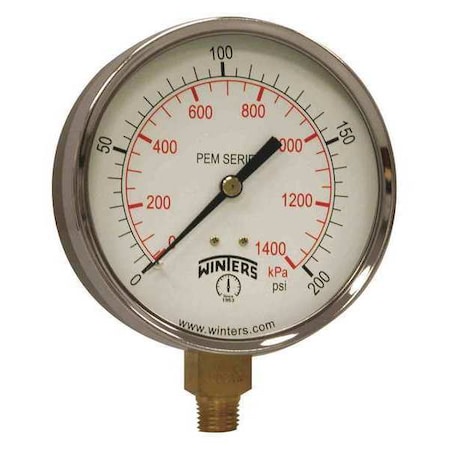 Winters Economy 4" 0-200 psi/Kpa 1/4" Npt Btm, 4 in Dial, 1/4 in NPT Bottom Location, Steel Case Material PEM225