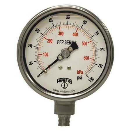 Winters Filled Ss/Ss Gauge 4" 100 psi/Kpa 1/4 Lm, 4 in Dial, 1/4 in NPT Bottom Location PFP644