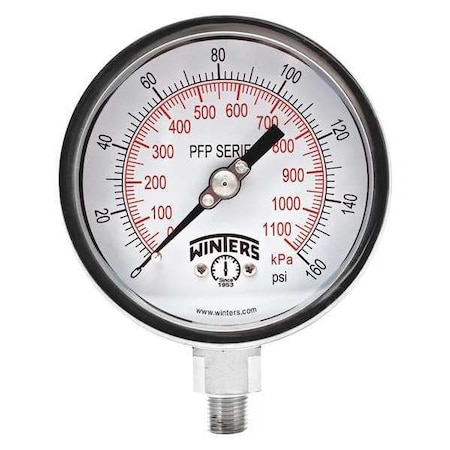 Winters Filled Ss/Ss Gauge 4" 160 psi/Kpa 1/4 Lm, 4 in Dial, 1/4 in NPT Bottom Location PFP645