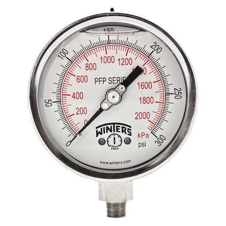 Winters Filled Ss/Ss Gauge 4" 300 psi/Kpa 1/4 Lm, 4 in Dial, 1/4 in NPT Bottom Location PFP647