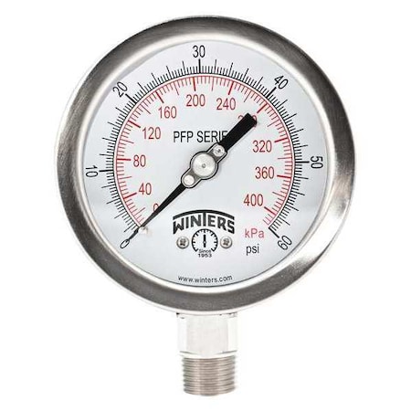 Winters 4 in Dial, 1/2 in NPT Bottom Location, AISI 304 Stainless Steel Case Material PFP658