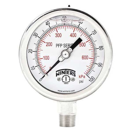 Winters Filled Ss/Ss Gauge 4" 100 psi/Kpa 1/2 Lm, 4 in Dial, 1/2 in NPT Bottom Location PFP659