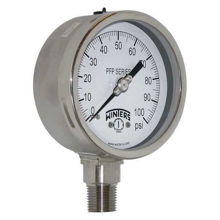 Winters 4 in Dial, 1/2 in NPT Bottom Location, AISI 304 Stainless Steel Case Material PFP659R1