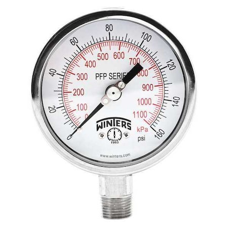 Winters Filled Ss/Ss Gauge 4" 160 psi/Kpa 1/2 Lm, 4 in Dial, 1/2 in NPT Bottom Location PFP660