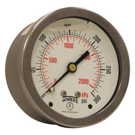 Winters Qual Ss/Br Gauge 2.5" 1/4Cb 0-300Psi/Kpa, 2 1/2 in Dial, 1/4 in NPT Center Back Location PFQ907