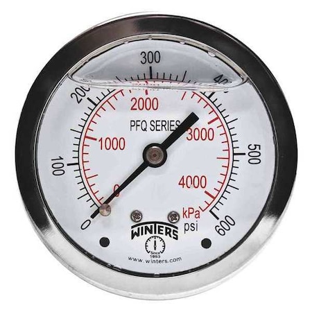 Winters Qual Ss/Br Gauge 2.5" 1/4Cb 0-600Psi/Kpa, 2 1/2 in Dial, 1/4 in NPT Center Back Location PFQ908