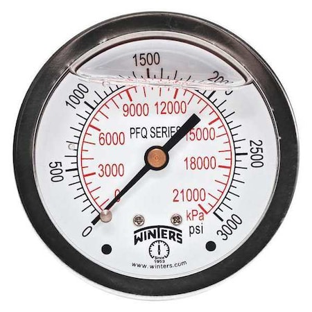 Winters Qual Ss/Br Gauge 2.5" 1/4Cb 3000Psi/Kpa, 2 1/2 in Dial, 1/4 in NPT Center Back Location PFQ911
