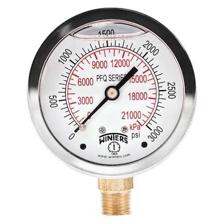 Winters Qual Ss/Br Gauge 2.5" 1/4Lm 3000Psi/Kpa, 2 1/2 in Dial, 1/4 in NPT Bottom Location PFQ811