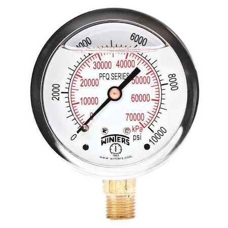 Winters Qual Ss/Br Gauge 2.5" 1/4Lm 10000Psi/Kpa, 2 1/2 in Dial, 1/4 in NPT Bottom Location PFQ813