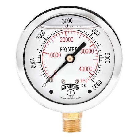 Winters Qual Ss/Br Gauge 2.5" 1/4Lm 6000Psi/Kpa, 2 1/2 in Dial, 1/4 in NPT Bottom Location PFQ814