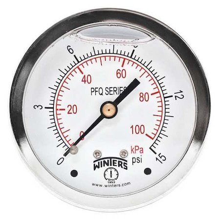 Winters Qual Ss/Br Gauge 2.5" 1/4Cb 0-15 psi/Kpa, 2 1/2 in Dial, 1/4 in NPT Center Back Location PFQ901
