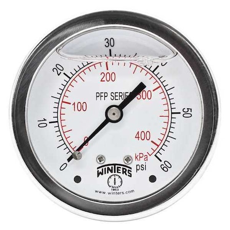 Winters Filled Ss/Ss Gauge2.5 1/4 Cb 60 psi/Kpa, 2 1/2 in Dial, 1/4 in NPT Center Back Location PFP923