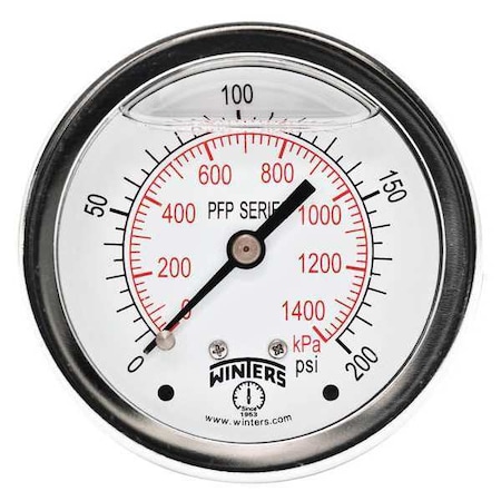Winters Filled Ss/Ss Gauge2.5 1/4 Cb 200 psi/Kpa, 2 1/2 in Dial, 1/4 in NPT Center Back Location PFP926