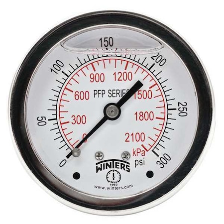 Winters Filled Ss/Ss Gauge2.5 1/4 Cb 300 psi/Kpa, 2 1/2 in Dial, 1/4 in NPT Center Back Location PFP927