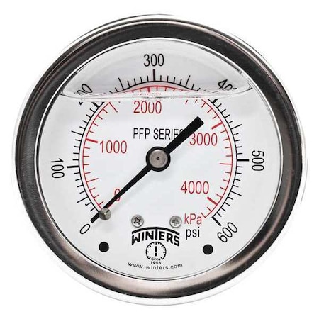 Winters Filled Ss/Ss Gauge2.5 1/4 Cb 600 psi/Kpa, 2 1/2 in Dial, 1/4 in NPT Center Back Location PFP928