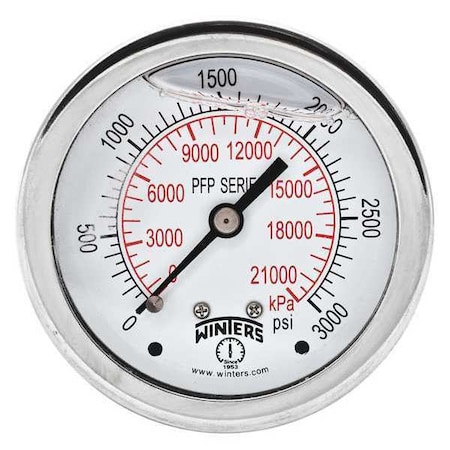 Winters Filled Ss/Ss Gauge2.5 1/4 Cb 3000Psi/Kpa, 2 1/2 in Dial, 1/4 in NPT Bottom Location PFP931
