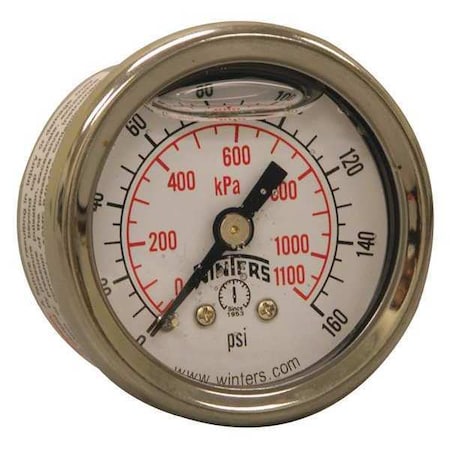 Winters Qual. Ss/Br Gauge 1.5 1/8 Cb 160 psi/Kpa, 1 1/2 in Dial, 1/8 in NPT Center Back Location PFQ1125
