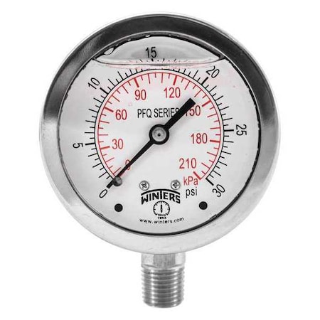 Winters Qual. Ss/Ss Gauge 2.5 1/4 Lm 30 psi/Kpa, 2 1/2 in Dial, 1/4 in NPT Bottom Location PFQ119