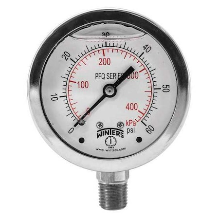 Winters Qual. Ss/Ss Gauge 2.5 1/4 Lm 60 psi/Kpa, 2 1/2 in Dial, 1/4 in NPT Bottom Location PFQ120