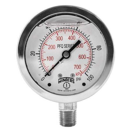 Winters Qual. Ss/Ss Gauge 2.5 1/4 Lm 100 psi/Kpa, 2 1/2 in Dial, 1/4 in NPT Bottom Location PFQ121