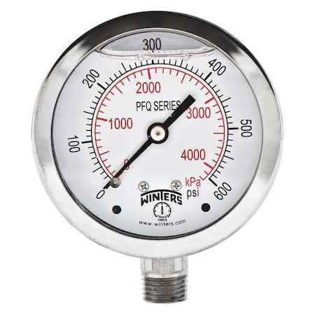 Winters Qual. Ss/Ss Gauge 2.5 1/4 Lm 600 psi/Kpa, 2 1/2 in Dial, 1/4 in NPT Bottom Location PFQ126