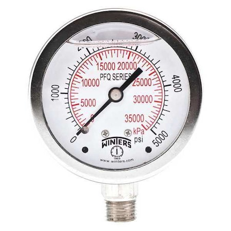 Winters Qual. Ss/Ss Gauge 2.5 1/4 Lm 5000Psi/Kpa, 2 1/2 in Dial, 1/4 in NPT Bottom Location PFQ138