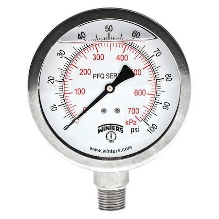 Winters Qual. Ss/Ss Gauge 4" 1/2 Lm 100 psi/Kpa, 4 in Dial, 1/2 in NPT Bottom Location PFQ1546