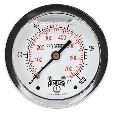 Winters Qual. Ss/Ss Gauge 2.5 1/4 Cb 100 psi/Kpa, 2 1/2 in Dial, 1/4 in NPT Center Back Location PFQ169