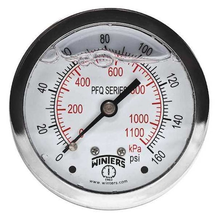 Winters Qual. Ss/Ss Gauge 2.5 1/4 Cb 160 psi/Kpa, 2 1/2 in Dial, 1/4 in NPT Center Back Location PFQ170