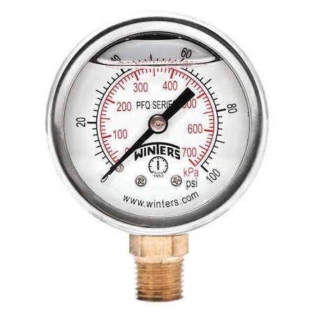 Winters Qual. Ss/Br Gauge 2" 1/4 Lm 100 psi/Kpa, 2 in Dial, 1/4 in NPT Bottom Location PFQ2463