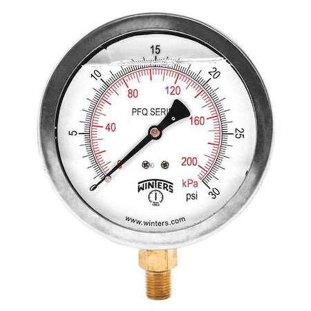 Winters Qual Ss/Br Gauge 4" 1/4 Lm 0-30 psi/Kpa, 4 in Dial, 1/4 in NPT Bottom Location PFQ709