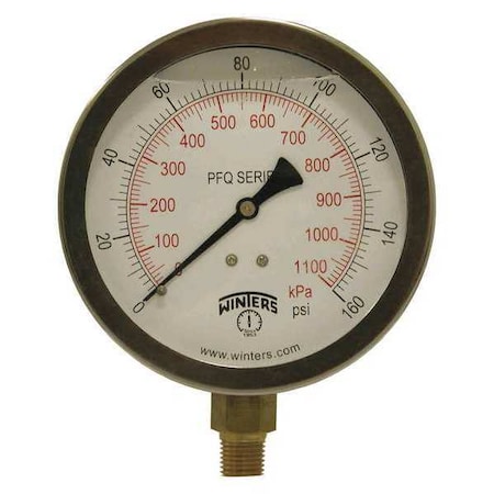 Winters Qual Ss/Br Gauge 4" 1/4 Lm 0-160 psi/Kpa, 4 in Dial, 1/4 in NPT Bottom Location PFQ712