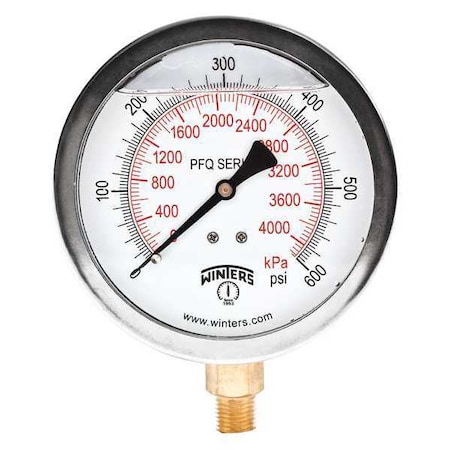 Winters Qual Ss/Br Gauge 4" 1/4 Lm 0-600 psi/Kpa, 4 in Dial, 1/4 in NPT Bottom Location PFQ716