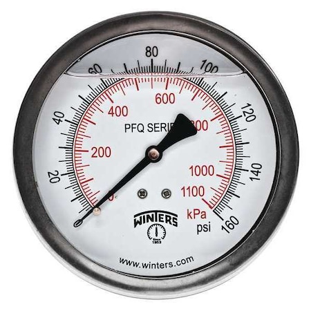 Winters Qual Ss/Br Gauge 4" 1/4 Cb 0-160 psi/Kpa, 4 in Dial, 1/4 in NPT Center Back Location PFQ742
