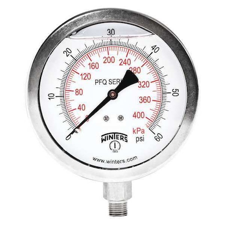 Winters Qual Ss/Ss Gauge 4" 1/4 Lm 0-60 psi/Kpa, 4 in Dial, 1/4 in NPT Bottom Location PFQ770