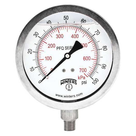Winters Qual Ss/Ss Gauge 4" 1/4 Lm 0-100 psi/Kpa, 4 in Dial, 1/4 in NPT Bottom Location PFQ771