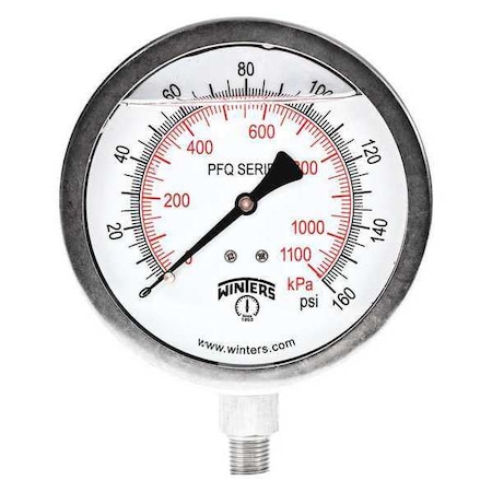 Winters Qual Ss/Ss Gauge 4" 1/4 Lm 0-160 psi/Kpa, 4 in Dial, 1/4 in NPT Bottom Location PFQ772