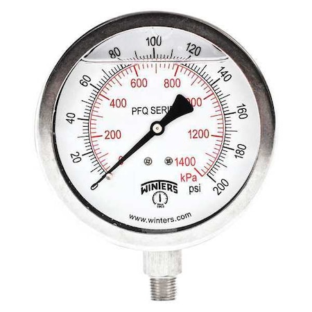 Winters Qual Ss/Ss Gauge 4" 1/4 Lm 0-200 psi/Kpa, 4 in Dial, 1/4 in NPT Bottom Location PFQ773