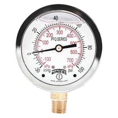 Winters Qual Ss/Br Gauge 2.5" 1/4Lm 30-0-100 psi, 2 1/2 in Dial, 1/4 in NPT Bottom Location PFQ791