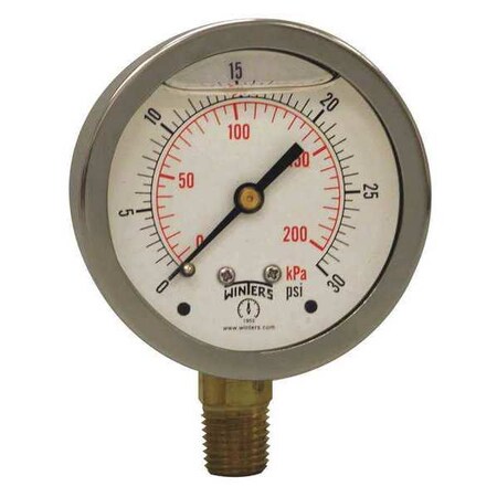 Winters Qual Ss/Br Gauge 2.5" 1/4Lm 0-30 psi/Kpa, 2 1/2 in Dial, 1/4 in NPT Bottom Location PFQ802