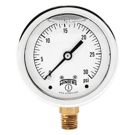 Winters Qual Ss/Br Gauge 2.5" 1/4Lm 0-30 psi, 2 1/2 in Dial, 1/4 in NPT Bottom Location PFQ802R1