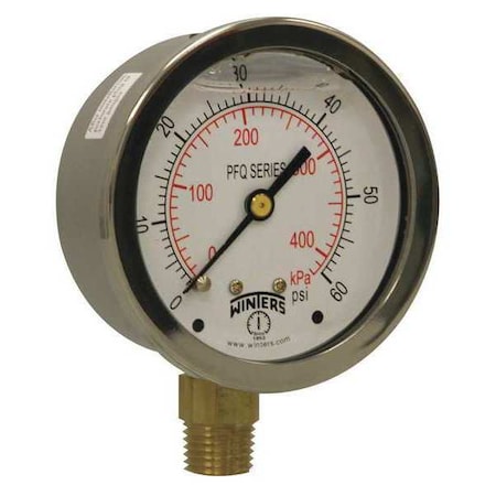 Winters Qual Ss/Br Gauge 2.5" 1/4Lm 0-60 psi/Kpa, 2 1/2 in Dial, 1/4 in NPT Bottom Location PFQ803