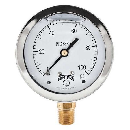 Winters Qual Ss/Br Gauge 2.5" 1/4Lm 0-100Psi, 2 1/2 in Dial, 1/4 in NPT Bottom Location PFQ804R1